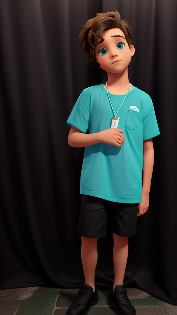 8 year old boy, very low short hair in dark blonde color, very bright pool blue eyes, white skin color, wearing a green blouse, black shorts, black sneakers.