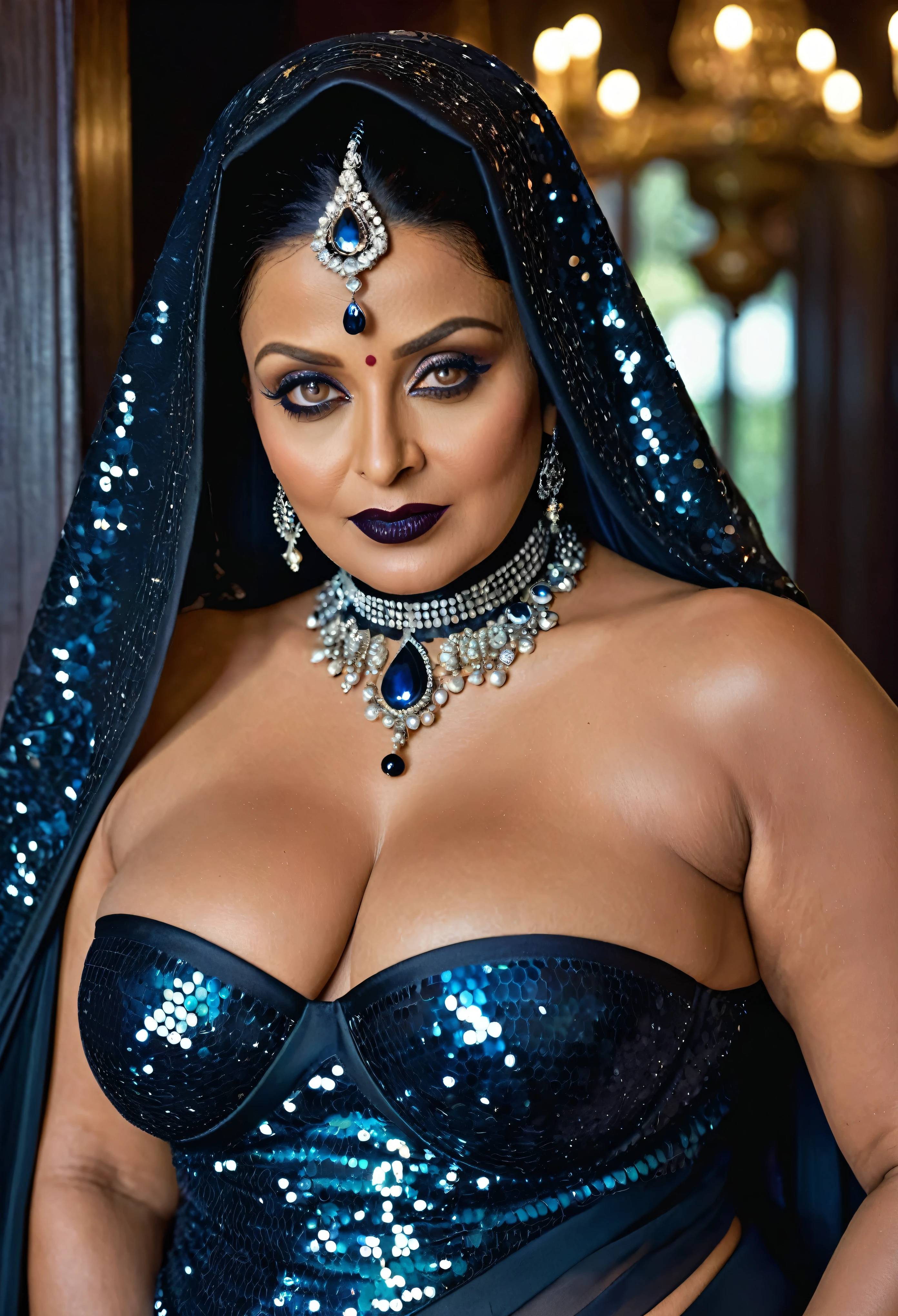 Looks like Aishwarya Rai, Big chubby aunty, milf, cougar lady witch, horny Gothic milf, 70 years old gorgeous mature lady, pervert demoness, demoness of lust, curvy, black lips, horny face, extremely gorgeous, thick figure, heavy physique, voluptuous, curvy, sexy figure, Fashionable portrait of androgynous alien looking witch wearing veil, glowing eyes, futuristic design, minimal details, givenchy, photoreal, 200mm, hd, f/ 2.0, highly detailed, surreal, sexy beautiful evil woman, sexy bold sequin Saree with strapless Bra, chudail, Pishachini, horror genre, blood-thirsty enchantress, powerful female spirit, eerie, drop dead, in the style of red and blue, (intricate details, hyperdetailed:1.15) (skin texture:1.2), dark Moody tone, cinematic lighting, haunted place in background,