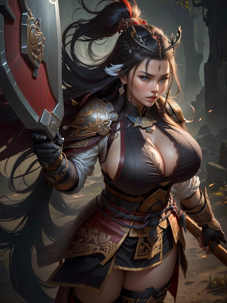 a woman with a large axe and a feathered head, inspired by Hu Zaobin, berserker potrait, guan yu, bian lian, sun wukong, mongol, inspired by Huang Shen, inspired by Li Gonglin, tai warlord, inspired by Wu Bin, wukong, inspired by Li Kan, naranbaatar ganbold, Highly detailed CG unit 8k wallpaper, masterpiece, High resolution, highest quality, highest quality real texture skin, Super Real, Digital Painting, Best image quality, 最High resolution, 8k, ((Highly detailed eyes and face, Beautiful eyes every detail)), 1girl, Full Body Shot, Saggy breasts, Gravity-dependent breasts, long chest, Heavy chest, disproportionate breasts, huge breasts, sagging breasts, gigantic breasts, erect nipple, Cleavage cut out, Look away, Gazing into the distance, (open your mouth, evil smile, stick a tang, madness),