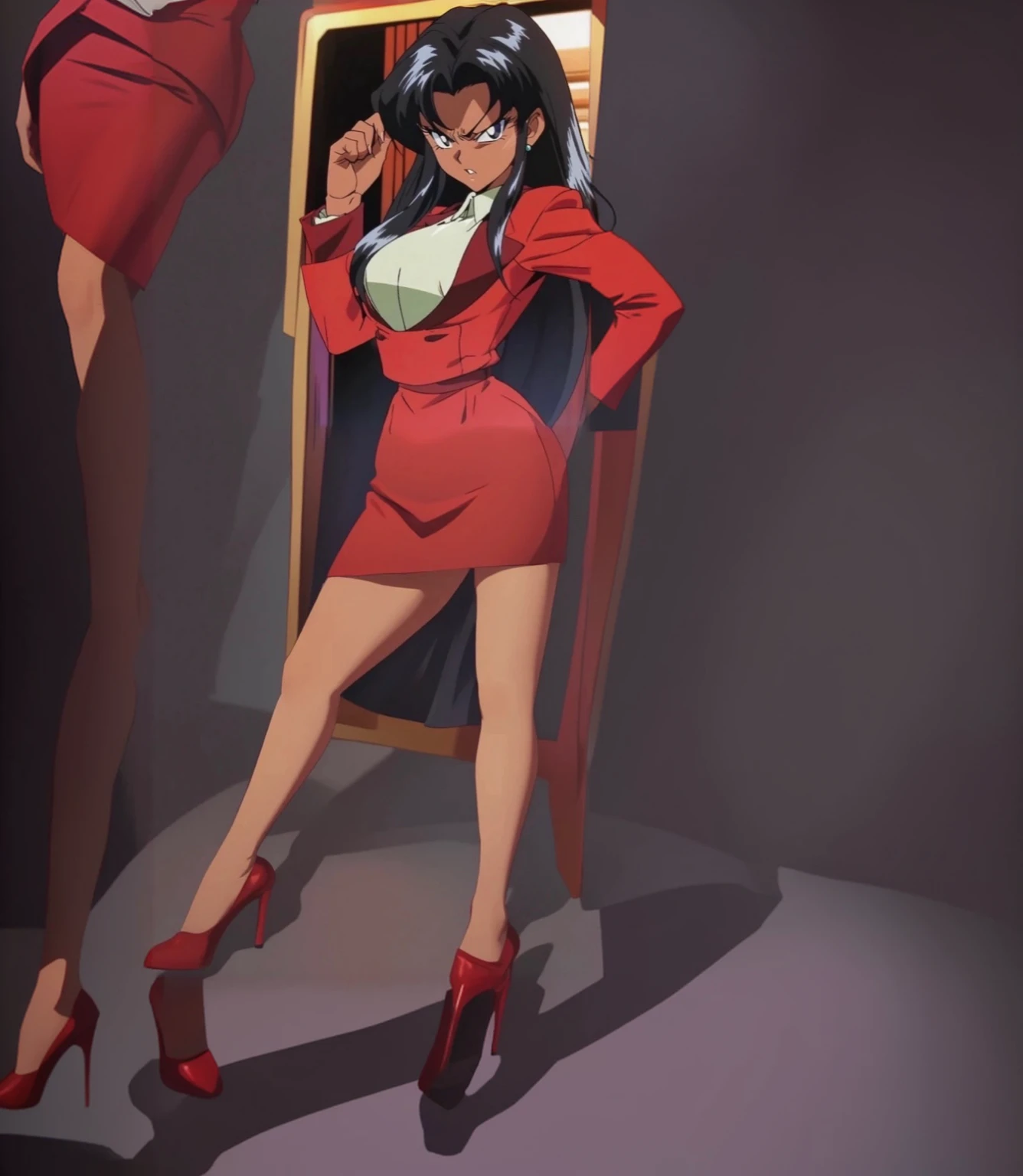 90s anime Evil black skinned business woman in a red suit and red skirt and red heels and long red sleeves