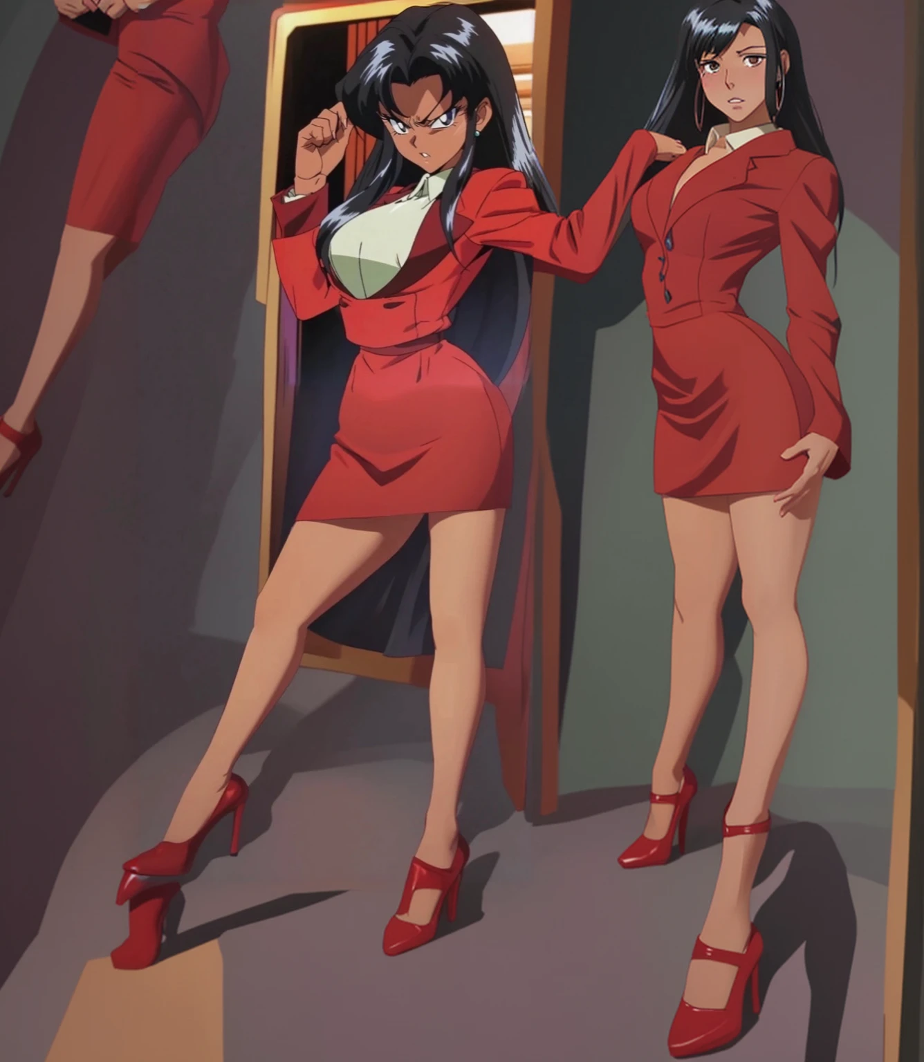 90s anime Evil black skinned business woman in a red suit and  red skirt and red heels and long red sleeves 