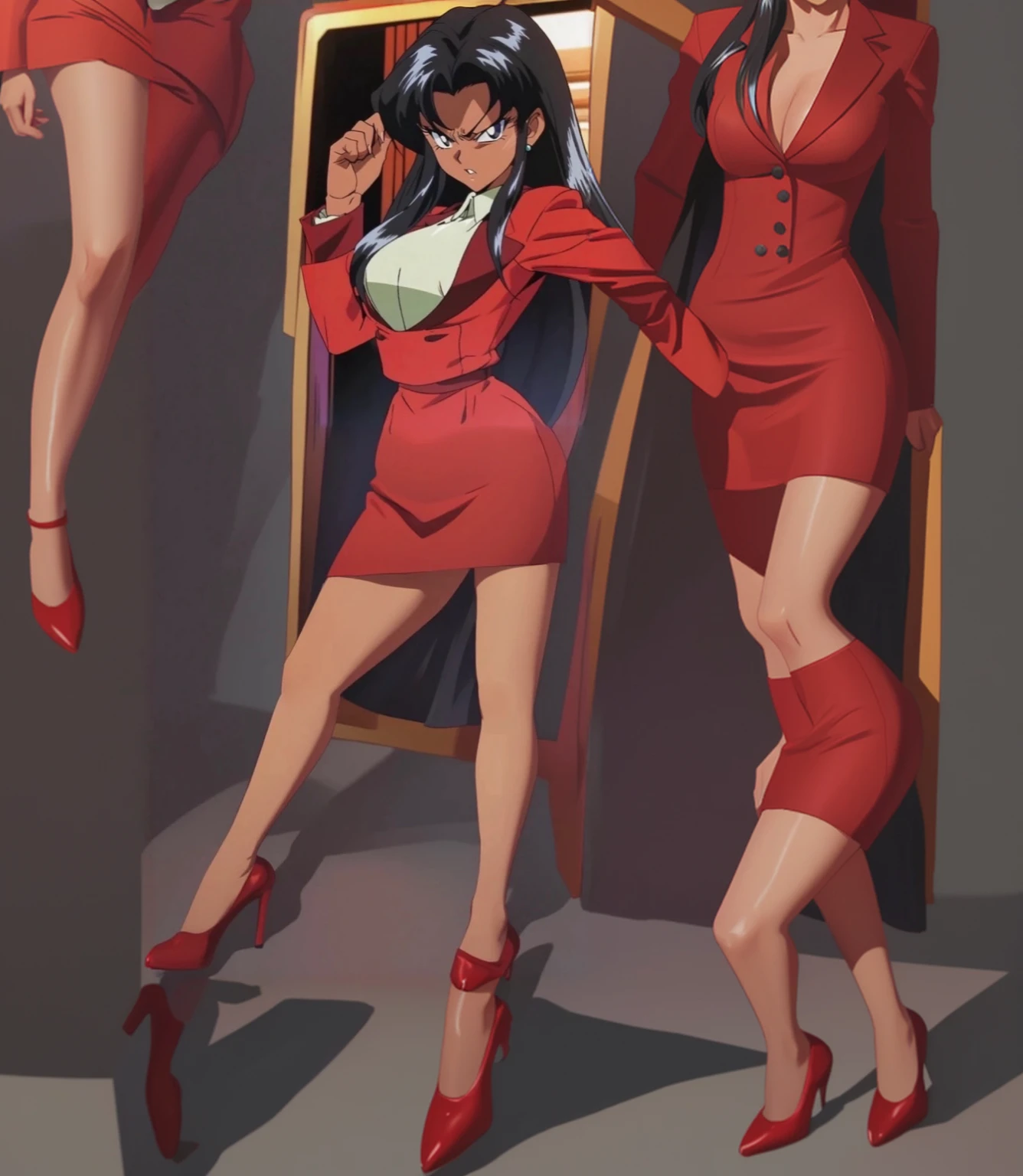 90s anime Evil black skinned business woman in a red suit and  red skirt and red heels and long red sleeves 