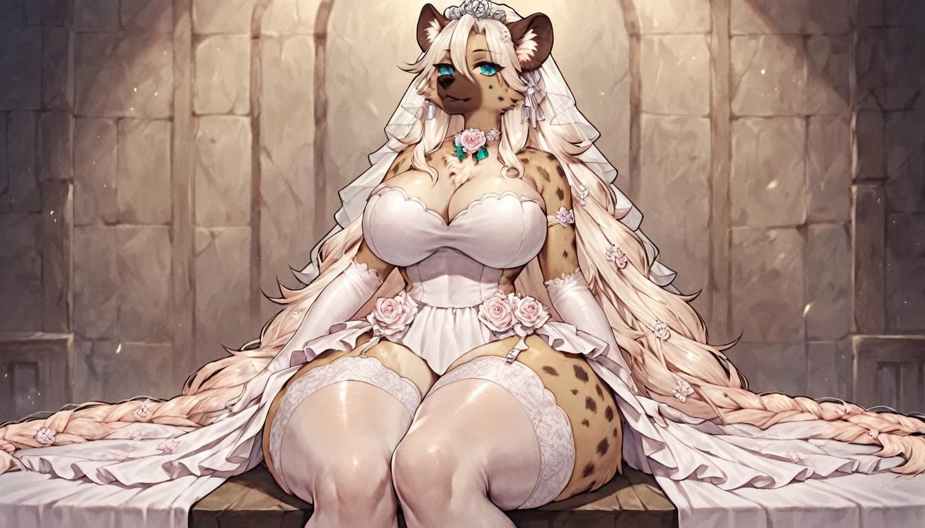 score_9, score_8_up, score_7_up, score_6_up, score_5_up, score_4_up, (solo), female anthro hyena, bride dress, lusty, fluffy body, long blond hair, turquoise eyes, sitting, (thick thighs:1.5) (she is sitting) garter belt tights, big breasts, from the back, backsite, from back