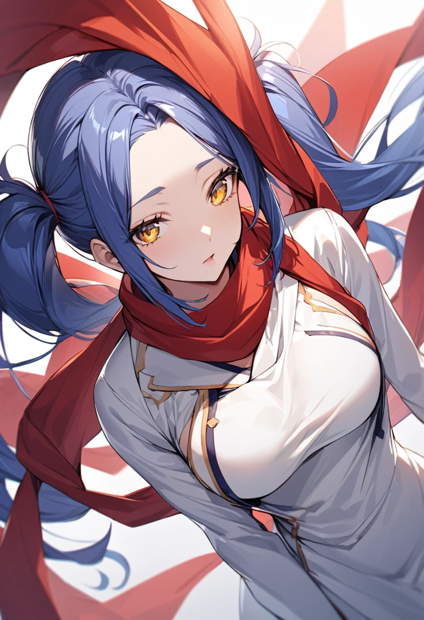 Beautiful woman, Very sexy body, Medium bust with nice detailed shape, (One very tall woman,Navy Blue Hair,Her hairstyle is twin tails that expose her forehead.,yellow eyes,Dynamic Angle)White kimono、Wear a long red scarf around your neck