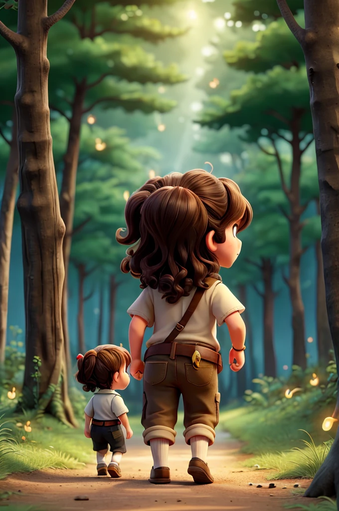 a dwarf girl, wavy hair, he is walking towards the forest with his back turned, and hauna marmot ,and there are fireflies