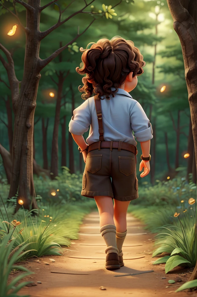 a dwarf girl, wavy hair, he is walking towards the forest with his back turned, and hauna marmot ,and there are fireflies