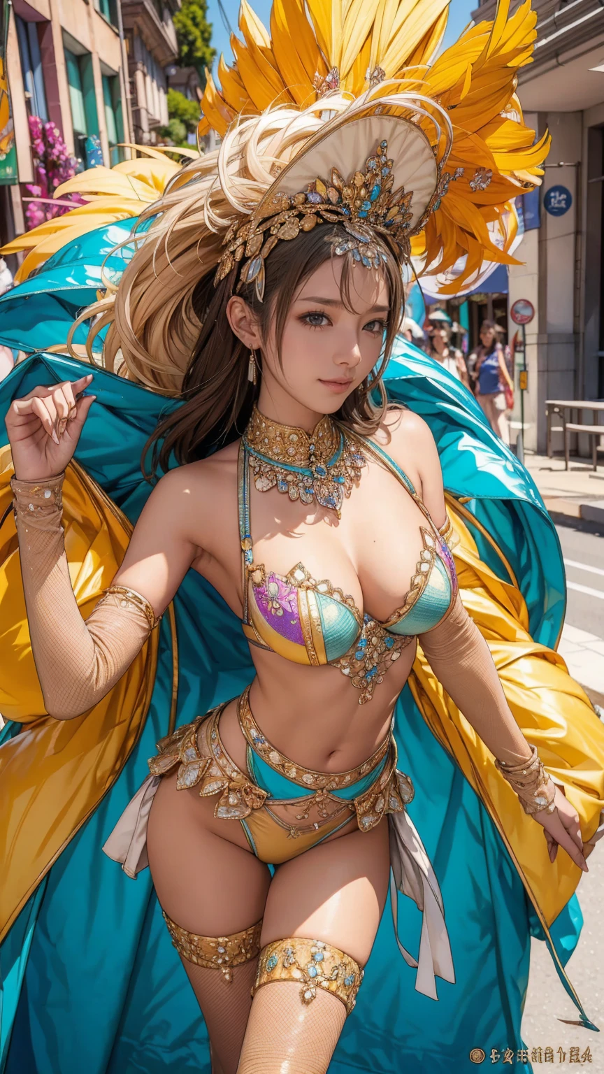 Highest quality, Official Art, masterpiece, Fabric Shading, High resolution, Very detailed, colorful, Best details, High leg samba micro costume:1.5, micro bra:1.9, Yuki Mori:1.5, 1 female, Age 25, Brown Hair, Medium Hair,Big Ass:1.9, {{{{{Dancing vigorously in the parade:1.9}}}}}, A bustling boulevard, sunny, skinny, {{Surrounded by a bunch of male photographers:1.9}}, She is being photographed by many male photographers.:1.7, A blizzard is falling, Blessed, welcome:1.5, Camel Toe:1.9, Ground level shot:1.9,