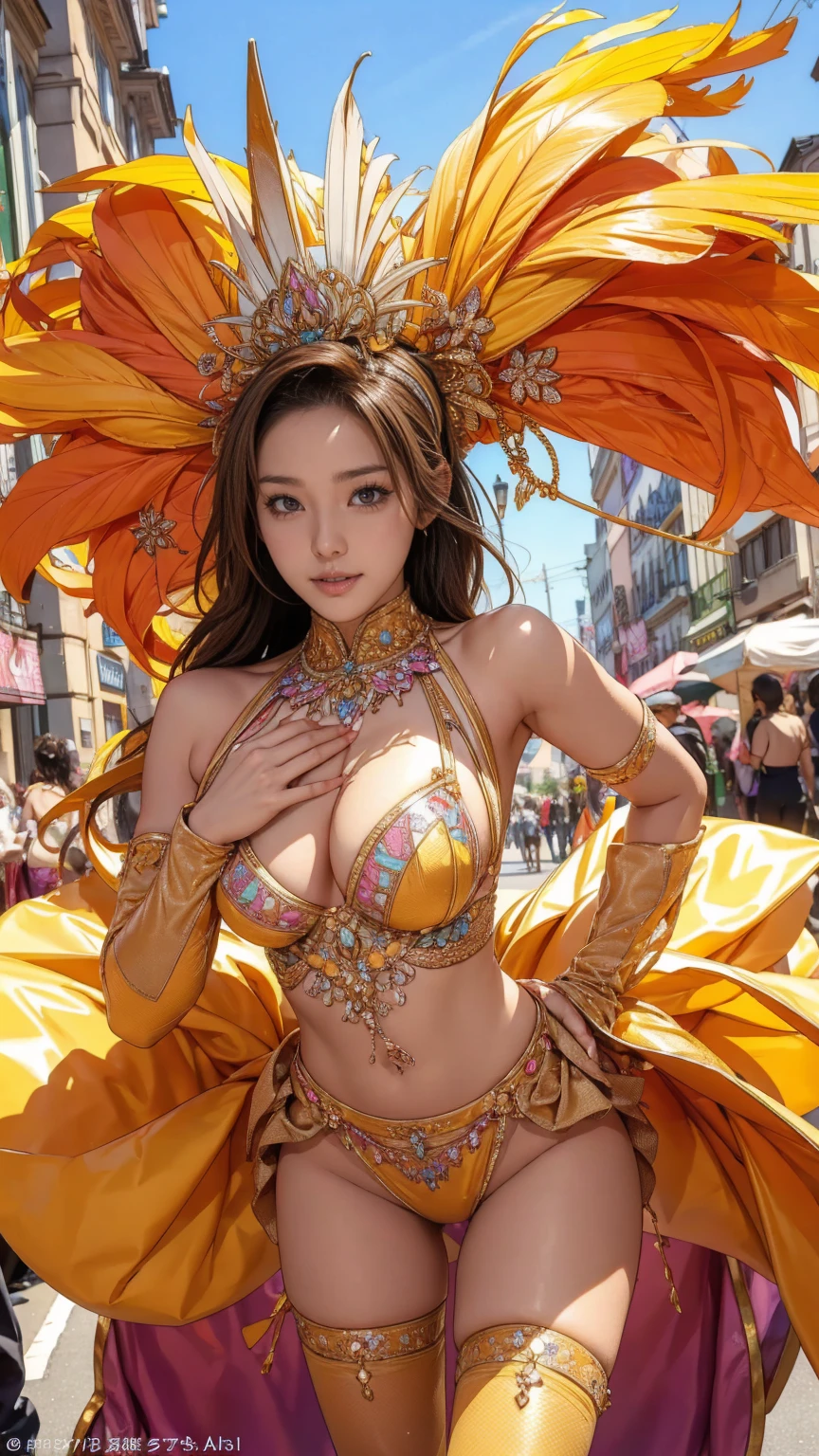 Highest quality, Official Art, masterpiece, Fabric Shading, High resolution, Very detailed, colorful, Best details, High leg samba micro costume:1.5, micro bra:1.9, Yuki Mori:1.5, 1 female, Age 25, Brown Hair, Medium Hair,Big Ass:1.9, {{{{{Dancing vigorously in the parade:1.9}}}}}, A bustling boulevard, sunny, skinny, {{Surrounded by a bunch of male photographers:1.9}}, She is being photographed by many male photographers.:1.7, A blizzard is falling, Blessed, welcome:1.5, Camel Toe:1.9, Ground level shot:1.9,