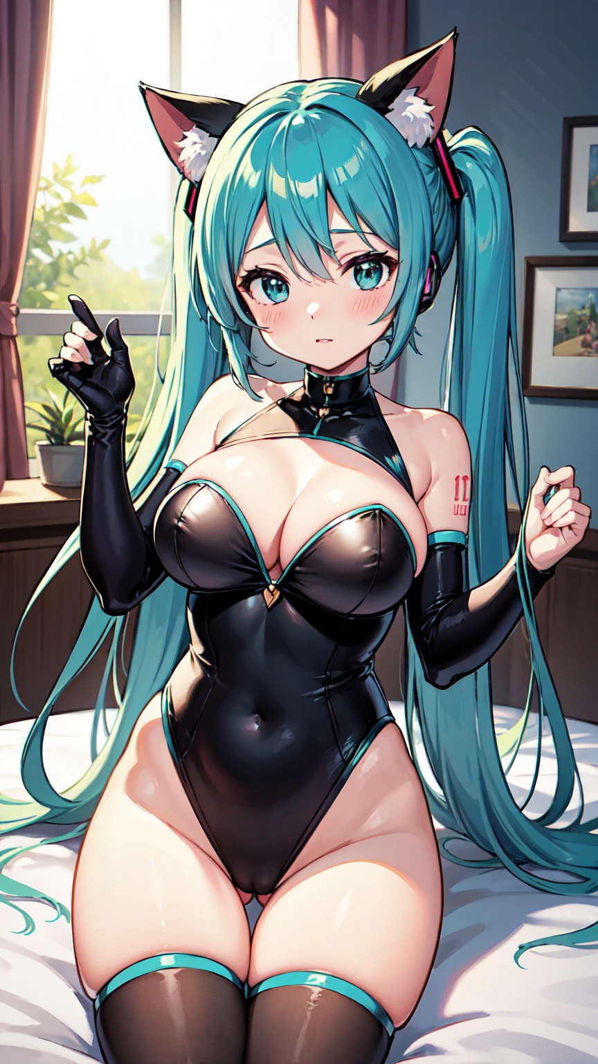 Hatsune Miku VOCALOID、Big Breasts、Sexy Leotard、Cat ear、Long gloves、Black Stockings、Bedroom、blush、Tabletop、Exquisite design、Visual Arts、Concept Artist、Five Fingers, Perfect body, {{{masterpiece}}}, {{{Highest quality}}}, {{Very detailed}}, {shape}, {{Very delicate and beautiful}},Improved cost performance、All Roles、Canon 5D MK4でphotograph、photograph,
