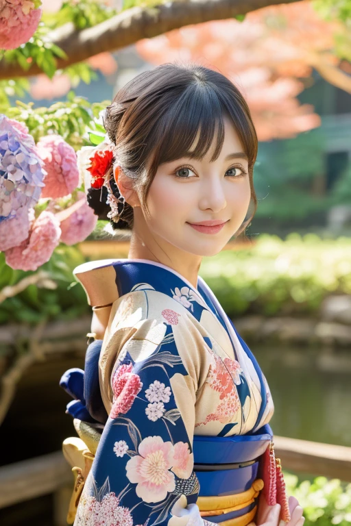 (Light makeup)、(top-quality,masterpiece:1.3,超A high resolution,),(Ultra-detail,Caustics),(Photorealsitic:1.4,RAW shooting,)Ultra-realistic capture,(32k,high detal,high-detail、masterpiece,Attention to detail,full body Esbian,solo,Lori:1.6),Raw photo & realistic atmosphere,beautiful dark blue eyes,Detailed mouth,Glossy lips,Detailed eyebrows,Eyes drawn in detail with soft white skin that shines with every detail)、、 (Skin texture is natural、、The skin looks healthy with an even tone、 Use natural light and color, japanese, A dark-haired, long hair,(depth of fields、realisitic、8K UHD、hight resolution、(1girl in:1.2)、The ultra-detailliert、High quality textures、very detailed CG、High quality shadows, A dark-haired、Kyo-Yuzen、blue Kimono、park background , (Super cute face in idol style:1.4)、slim and beautiful figure、A smile、full body Esbian:1.2, Japanese woman in kimono, 25 years old, hydrangeas flower background, standing under hydrangeas flower, warm lighting, big smile, colorful kimono