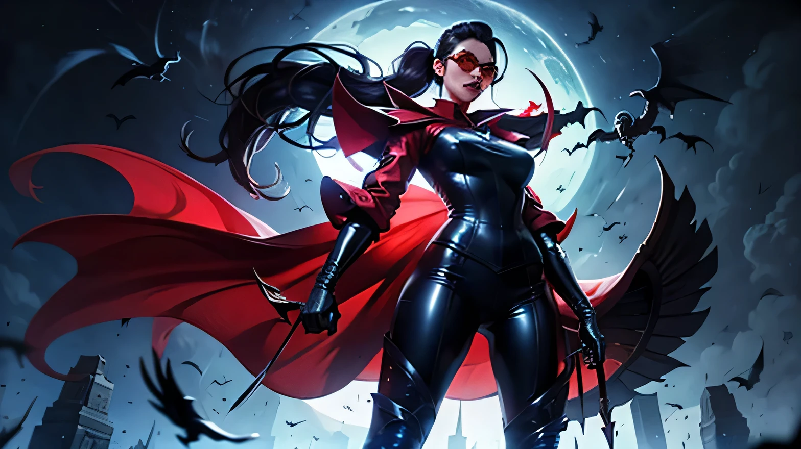 ((best quality)), ((masterpiece)), (detailed), 1girl, perfect face, vayne, woman wearing black latex catsuit, with red cap, sunglasses with red glas, black hair with long ponytail, gloves, red knee high red leather boots without heels, standing having a crossbow on her back, dark nightly background, ravens and bats flying