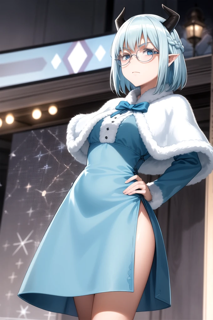 Best Quality, Masterpiece, detailed,
Crocell Kerori,
Closed mouth, Serious,
light blue fur, short hair, Blue eyes, horns, round glasses, French braid, pointy ears,
KeroriFestivalDress, blue dress, blue capelet, leather trim, Love,
session, looking at the viewer, crossed legs,
evening, throne, ice, snow, snowflakes, Frost