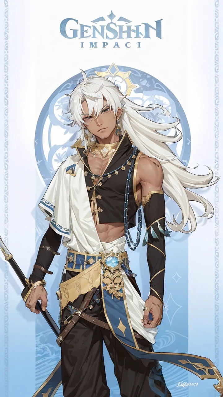 Create a muscular swordsman boy, attractive, long black hair with latin features, a high-ranking military suit inspired by pre-Hispanic clothing. All in a genshin impact style