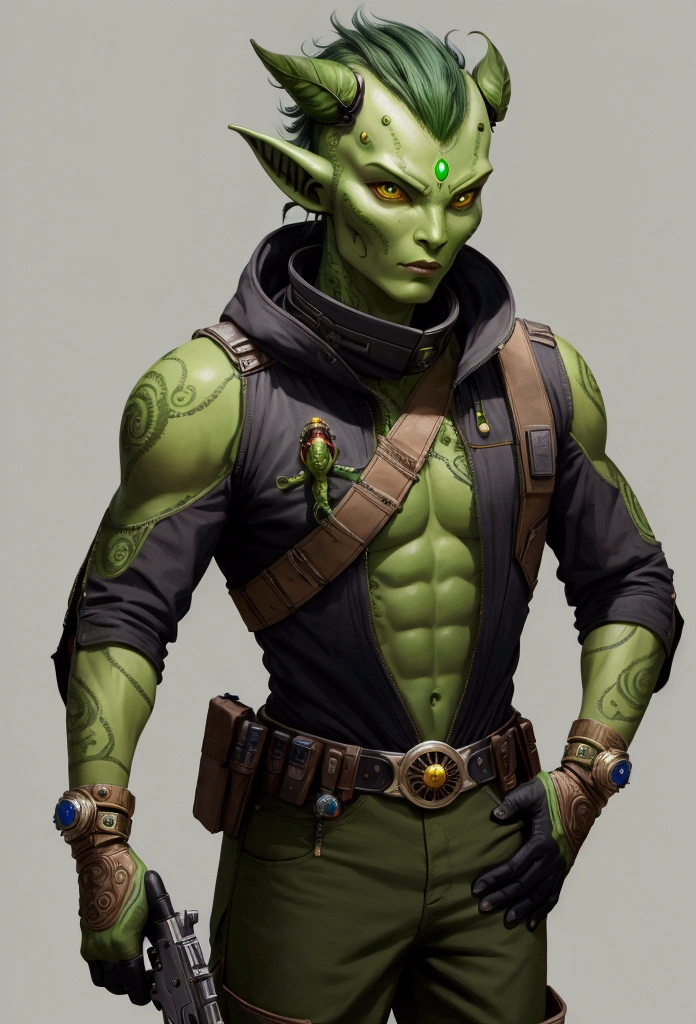 male alien with leaf hair and green skin, space style, wearing far western clothes. holding a pistol
