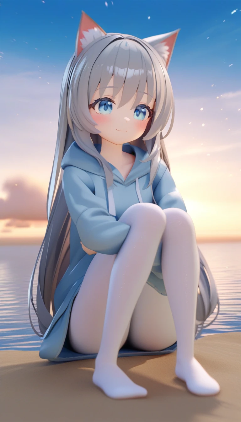 (MMD Style)，，，Cat ears，Gray Hair，Straight long hair，cute，Light blue eyes，Big eyes，Small Mouth，Outdoor，Ocean，Sandy Beach，Starry Sky，Sitting，Bend your knees，Hug your knees，smile，blush， Hair between the eyes，Large hoodie， White pantyhose,No shoes,