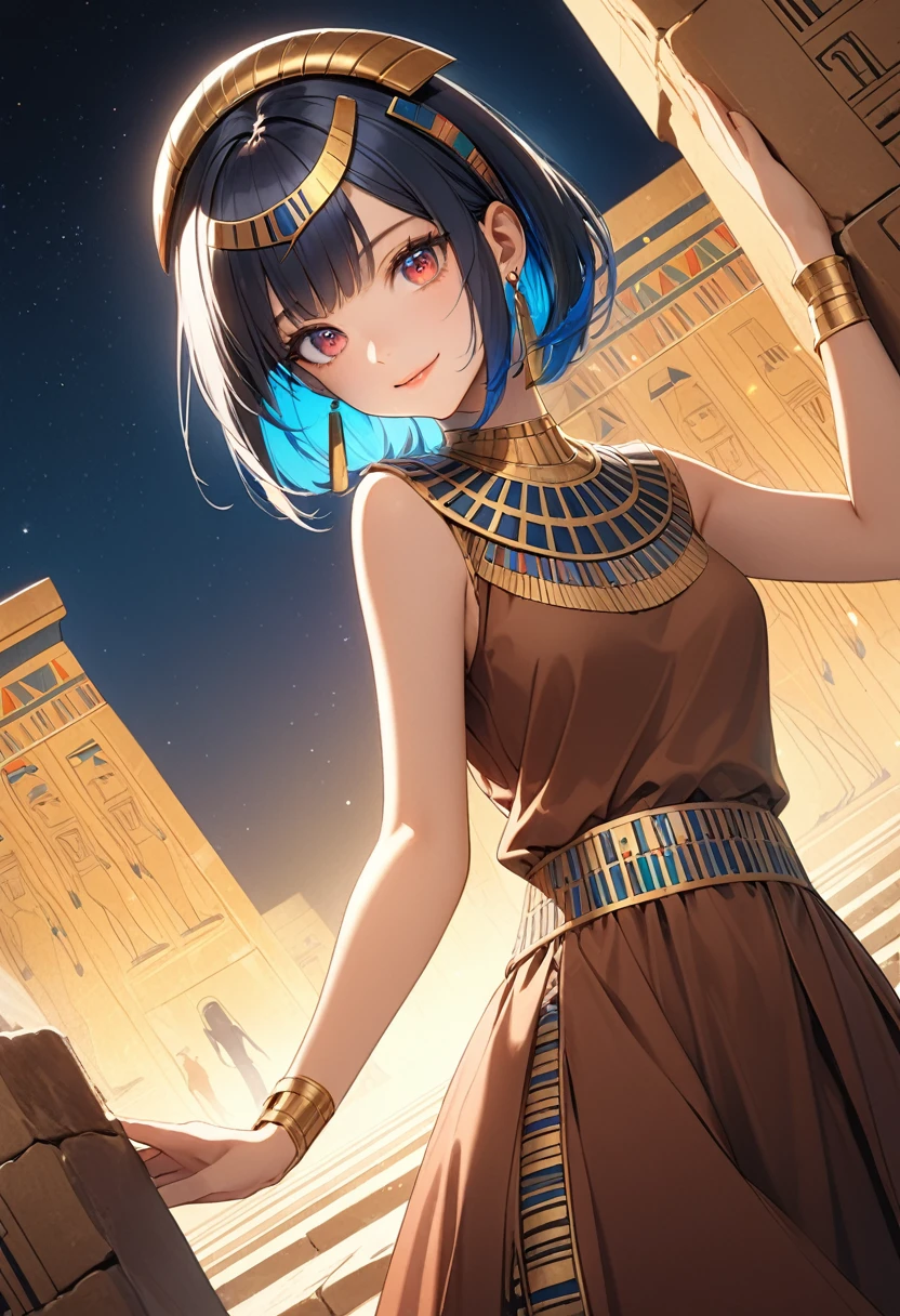 (masterpiece:1.3, 64k), intrincate details, (highly detailed), photorealistic, cinematic lighting, shading, (best quality), absurd, UHD, (ultra high-resolution), ultra-detailed, cgi, (lineart), clear, vibrant colour, shadow, contrast, refraction, perspective, depth, (depth of field), light particles, (hyper detailed), elaborated features, (volumetric lighting), BREAK
1girl, (25 years old), solo, (perfect anatomy), short hair, black hair, (colored inner hair, (blue hair:0.9)), front hair bob cut, (bob_cut:1.3), (super detailed hair), (dark_skin:1.2), (red eyes:1.2, extremely delicate eyes:1.3, beautiful eyes, super detailed pupils, eyelashes), (super detailed skin), (perfect face, beautiful face:1.1), glossy lips, (medium large breasts:1.1, pointy_breasts:1.3), (slender body, thin waist, medium hips), BREAK
(egyptian dress, brown dress:1.2), (earrings), BREAK
(cute smile), (medium shot), back view, dynamic pose, dynamic angle, BREAK
outdoors, (Hathor Temple, Ancient Egypt), (Night:1.5), BREAK beautiful girl, vivid color, sharp focus, perfect hands, perfect light