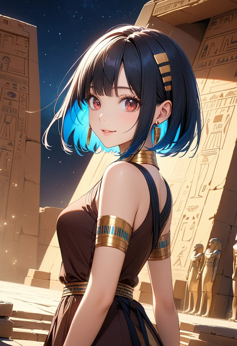 (masterpiece:1.3, 64k), intrincate details, (highly detailed), photorealistic, cinematic lighting, shading, (best quality), absurd, UHD, (ultra high-resolution), ultra-detailed, cgi, (lineart), clear, vibrant colour, shadow, contrast, refraction, perspective, depth, (depth of field), light particles, (hyper detailed), elaborated features, (volumetric lighting), BREAK
1girl, (25 years old), solo, (perfect ???????), short hair, black hair, (colored inner hair, (blue hair:0.9)), front hair bob cut, (bob_cut:1.3), (super detailed hair), (dark_skin:1.2), (red eyes:1.2, extremely delicate eyes:1.3, beautiful eyes, super detailed pupils, eyelashes), (super detailed skin), (perfect face, beautiful face:1.1), glossy lips, (medium large breasts:1.1, pointy_breasts:1.3), (slender body, thin waist, medium hips), BREAK
(egyptian dress, brown dress:1.2), (earrings), BREAK
(cute smile), (medium shot), back view, dynamic pose, dynamic angle, BREAK
outdoors, (Hathor Temple, Ancient Egypt), (Night:1.5), BREAK beautiful girl, vivid color, sharp focus, perfect hands, perfect light