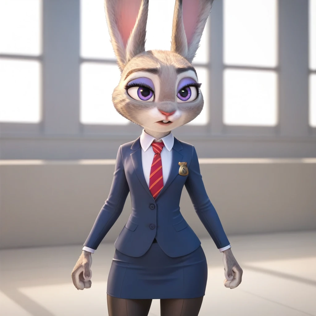 judyhopps, purple eyes, rabbit, rabbit ears, rabbit girl, (((skirt suit))), (((three-piece suit))), (((dress shirt))), (((necktie))), (((blazer))), (((suit jacket))), ((waistcoat)), double-breasted waistcoat, (((bodycon miniskirt))), pocket square, cufflinks, tie clip, makeup, eyeshadow, mascara, eyeliner, sultry