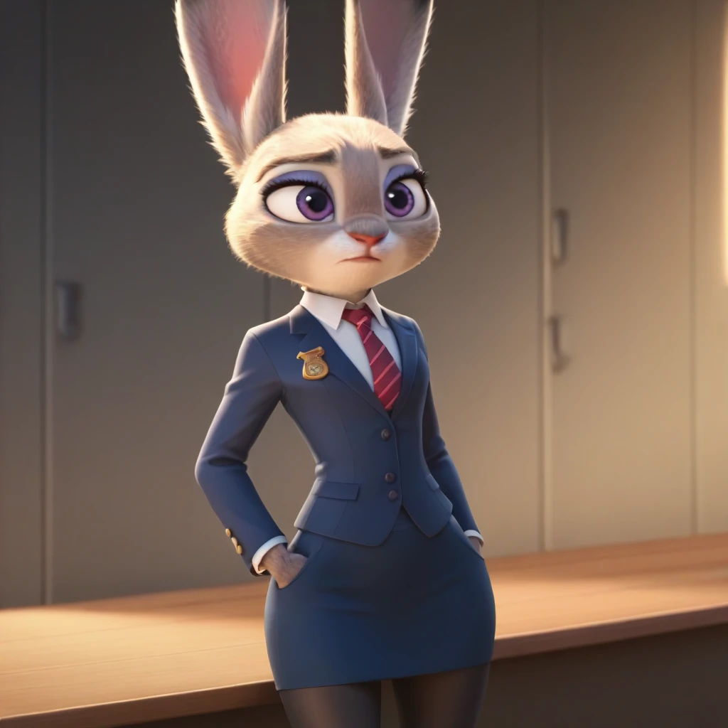 judyhopps, purple eyes, rabbit, rabbit ears, rabbit girl, (((skirt suit))), (((three-piece suit))), (((dress shirt))), (((necktie))), (((blazer))), (((suit jacket))), ((waistcoat)), double-breasted waistcoat, (((bodycon miniskirt))), pocket square, cufflinks, tie clip, makeup, eyeshadow, mascara, eyeliner, sultry