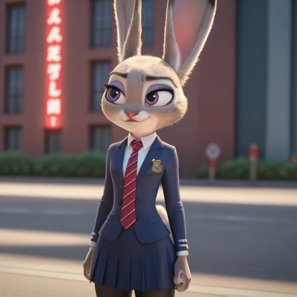 judyhopps, purple eyes, rabbit, rabbit ears, rabbit girl, (((skirt suit))), (((three-piece suit))), (((dress shirt))), (((necktie))), (((blazer))), (((suit jacket))), ((waistcoat)), double-breasted waistcoat, (((bodycon miniskirt))), pocket square, cufflinks, tie clip, makeup, eyeshadow, mascara, eyeliner, sultry