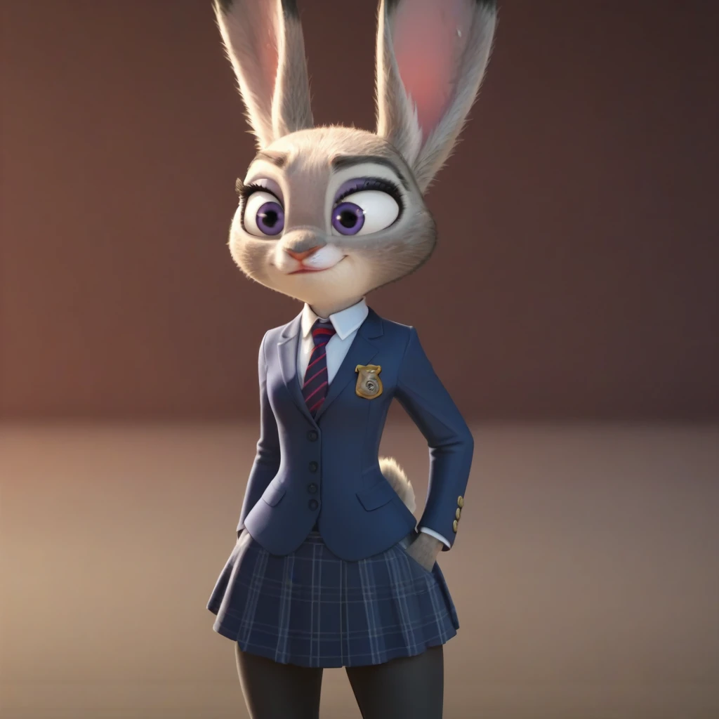 judyhopps, purple eyes, rabbit, rabbit ears, rabbit girl, (((skirt suit))), (((three-piece suit))), (((dress shirt))), (((necktie))), (((blazer))), (((suit jacket))), ((waistcoat)), double-breasted waistcoat, (((bodycon miniskirt))), pocket square, cufflinks, tie clip, makeup, eyeshadow, mascara, eyeliner, sultry