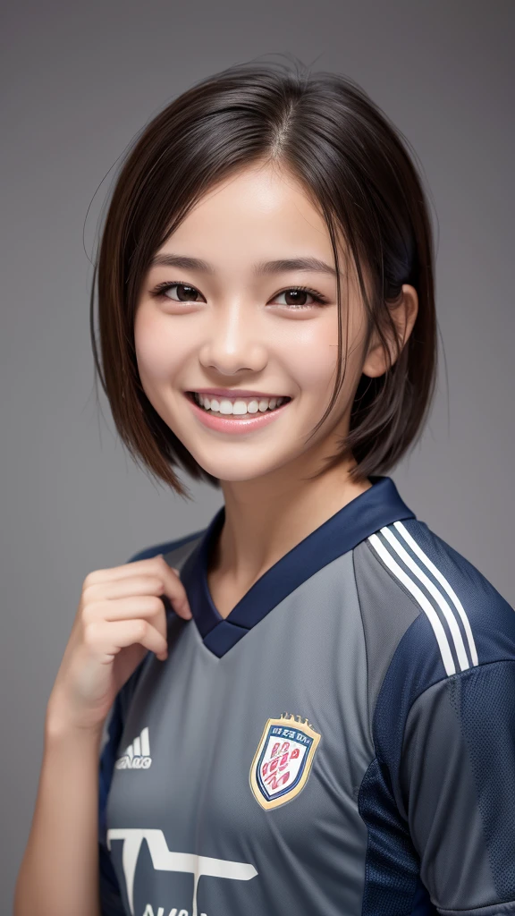 (Gray background:1.5, Close-up shot:1), (Realistic:1.4), (Highest quality:1.0), (Ultra-high resolution:1.0), 8k, RAW Photos, (masterpiece:0.2), One girl, Beautiful Skin, Detailed skin, Big smile, teeth, (short hair:1), (Soccer uniforms:1.2)