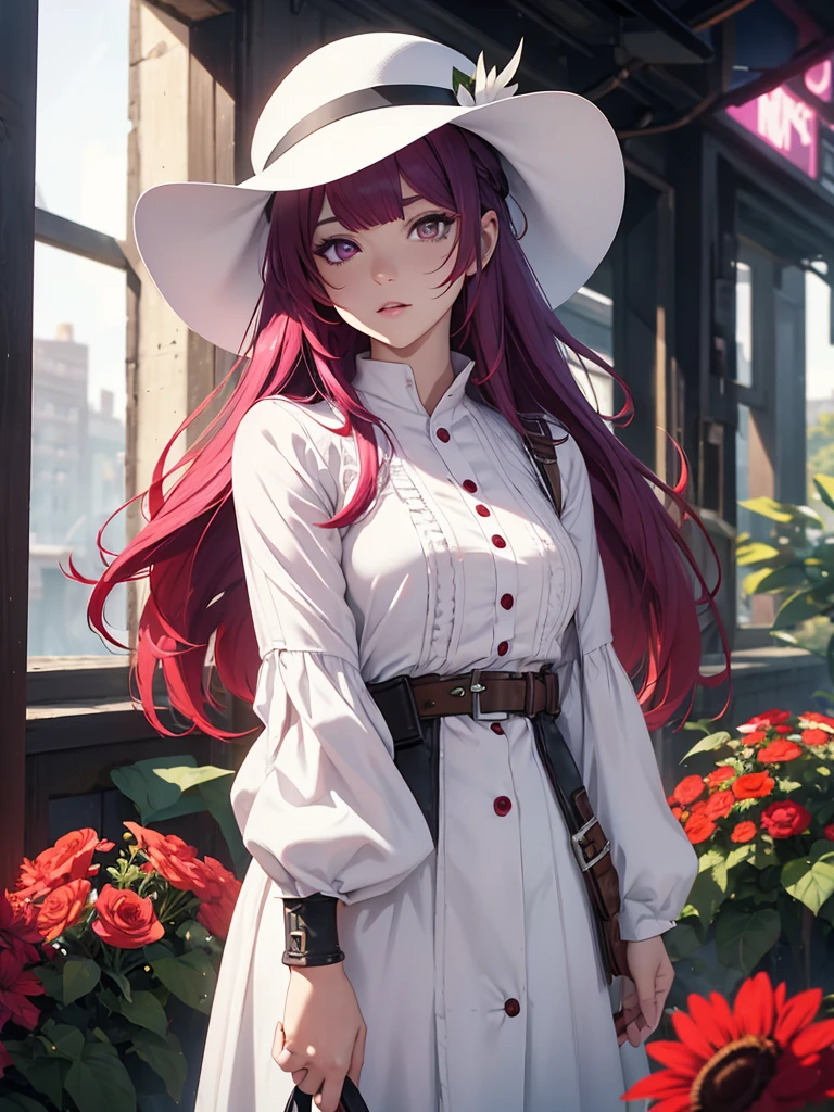 One from Free Fire with white clothes, purple eyes, bright red hair, a very red mouth, a well-made nose, with brim accessories, a fringe, behind her, there are lots of black and white flowers.