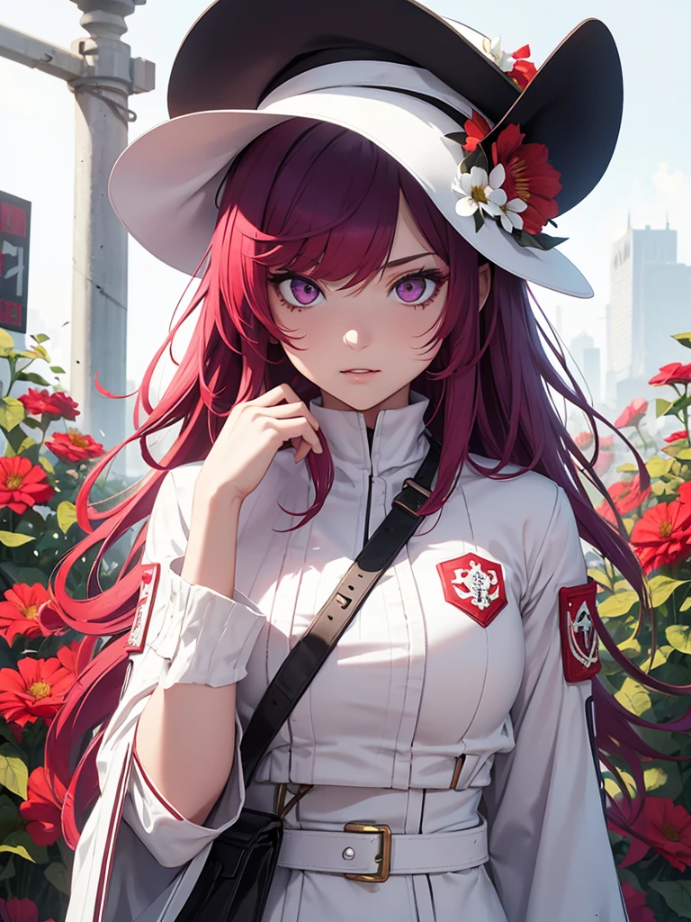 One from Free Fire with white clothes, purple eyes, bright red hair, a very red mouth, a well-made nose, with brim accessories, a fringe, behind her, there are lots of black and white flowers.

