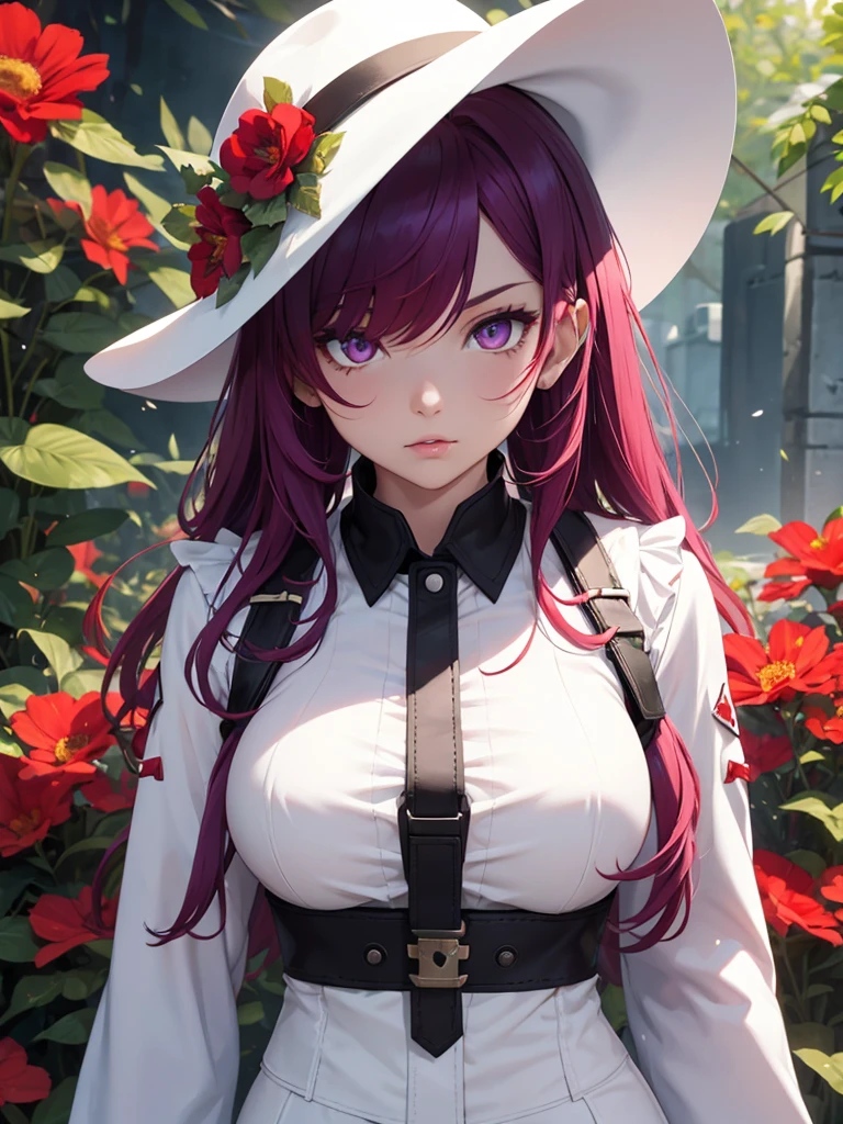 One from Free Fire with white clothes, purple eyes, bright red hair, a very red mouth, a well-made nose, with brim accessories, a fringe, behind her, there are lots of black and white flowers.
