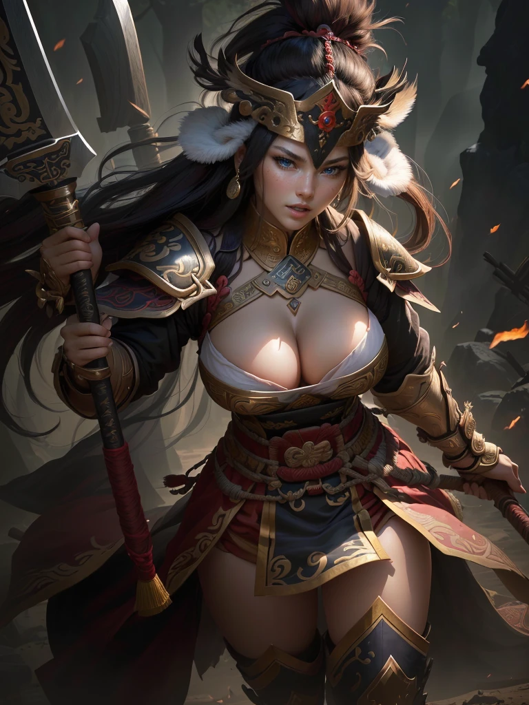 a woman with a large axe and a feathered head, inspired by Hu Zaobin, berserker potrait, guan yu, bian lian, sun wukong, mongol, inspired by Huang Shen, inspired by Li Gonglin, tai warlord, inspired by Wu Bin, wukong, inspired by Li Kan, naranbaatar ganbold, Highly detailed CG unit 8k wallpaper, masterpiece, High resolution, highest quality, highest quality real texture skin, Super Real, Digital Painting, Best image quality, 最High resolution, 8k, ((Highly detailed eyes and face, Beautiful eyes every detail)), 1girl, Full Body Shot, Saggy breasts, Gravity-dependent breasts, long chest, Heavy chest, disproportionate breasts, huge breasts, sagging breasts, gigantic breasts, erect nipple, Cleavage cut out, Look away, Gazing into the distance, (open your mouth wide, evil smile, stick a tang, madness),
