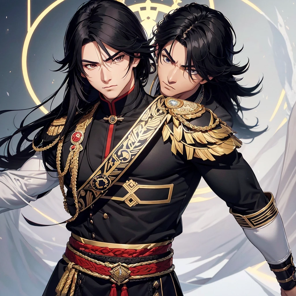 Create a muscular swordsman boy, attractive, long black hair with latin features, a high-ranking military suit inspired by pre-Hispanic clothing. All in a genshin impact style