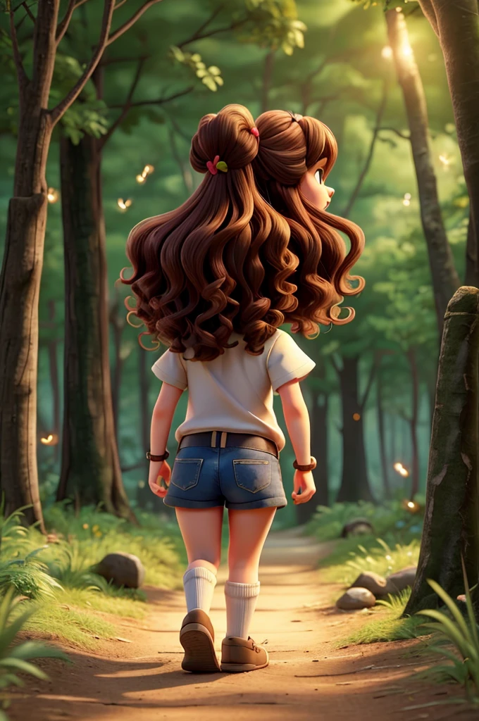 a dwarf girl, wavy hair, he is walking towards the forest with his back turned, and there is an animal (Groundhog), there are fireflies