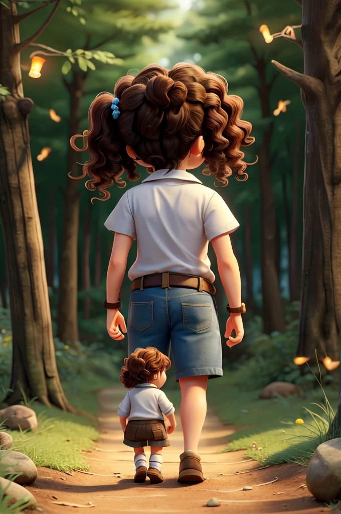 a dwarf girl, wavy hair, he is walking towards the forest with his back turned, and there is an animal (Groundhog), there are fireflies