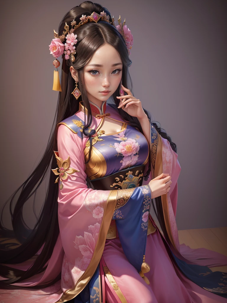 Painting of a woman in a pink and blue dress, Beautiful Fantasy Empress, ancient Chinese Princess, Beautiful character drawings, Chinese Princess, palace, Girl in Han Dress, Princess of an ancient Asian dynasty, Ancient Chinese Beauties, Inspired by Run In, Beautiful and attractive anime woman, Beautiful Fantasy Empress, Beautiful renderings of the Tang Dynasty, Beautiful oriental woman, Empress of China, Highly detailed CG unit 8k wallpaper, masterpiece, High resolution, highest quality, highest quality real texture skin, Super Real, Digital Painting, Best image quality, 最High resolution, 8k, ((Highly detailed eyes and face, Beautiful eyes every detail)), (wariza, seiza, from front),