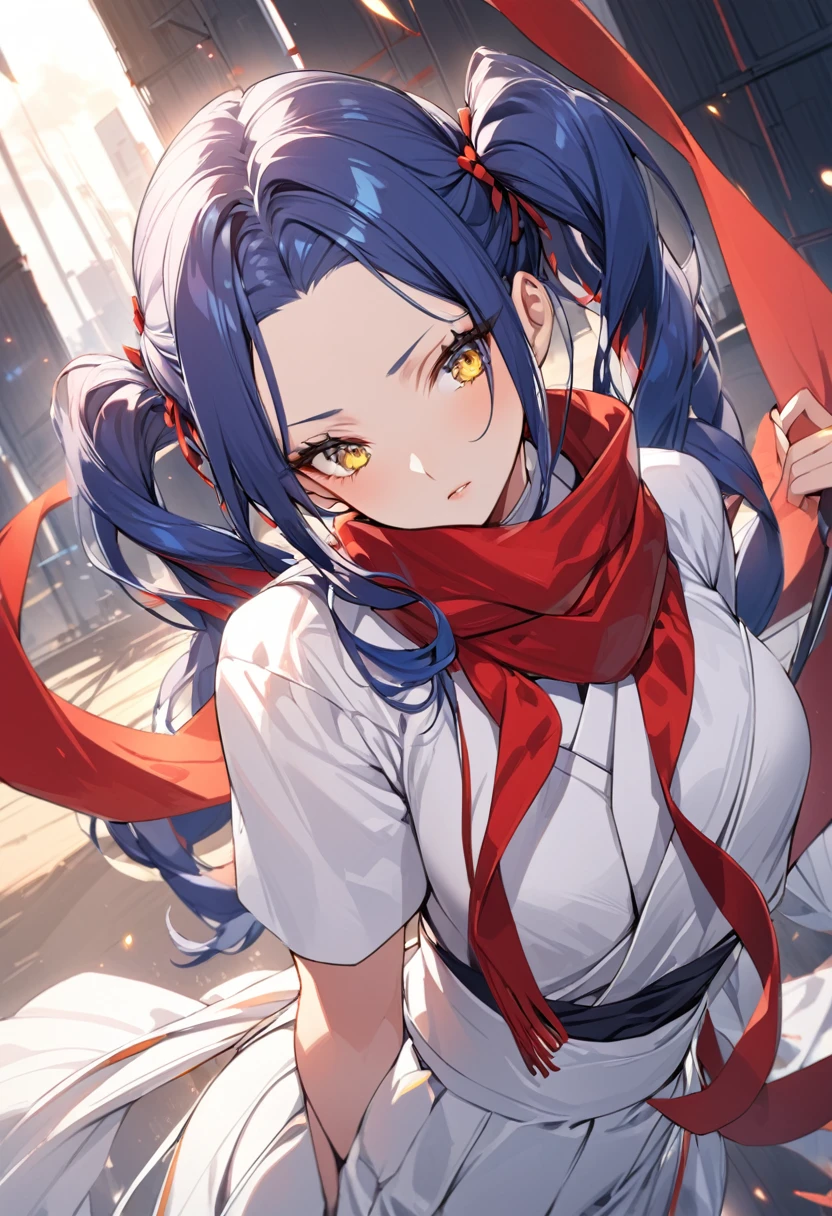 Beautiful woman, Very sexy body, Medium bust with nice detailed shape, (One very tall woman,Navy Blue Hair,Her hairstyle is twin tails that expose her forehead.,yellow eyes,Dynamic Angle)White kimono、White Hakama,Wear a long red scarf around your neck