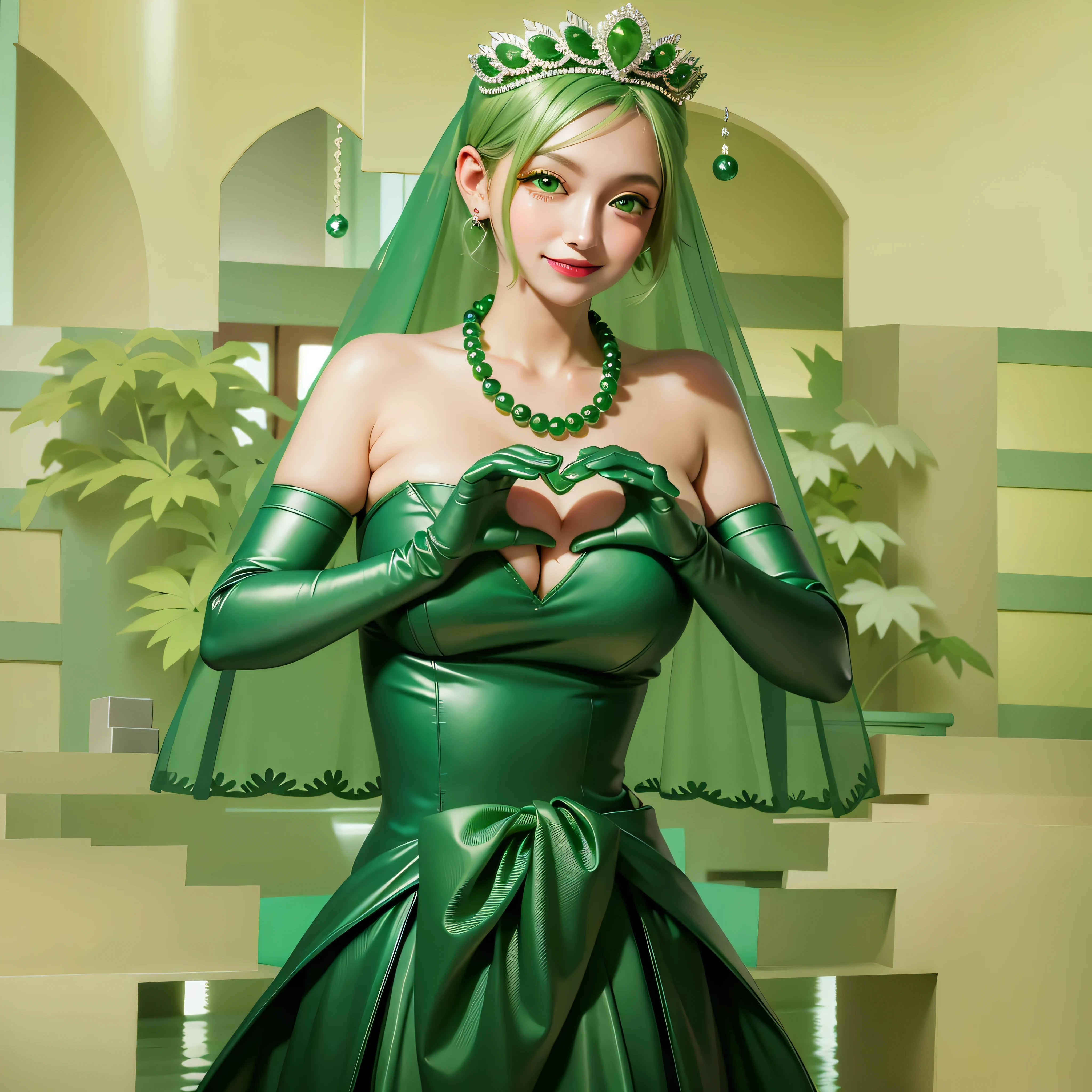 emerald tiara, Green Pearl Necklace, Boyish very short green hair, Green Lips, Smiling Japanese woman, Very short hair, Busty beautiful lady, Green Eyes, Green satin long gloves, Green Eyes, Emerald Earrings, Green veil, Heart with both hands, Green Hair, Beautiful Japanese Woman, Heart shaped hands:1.3, green lip gloss