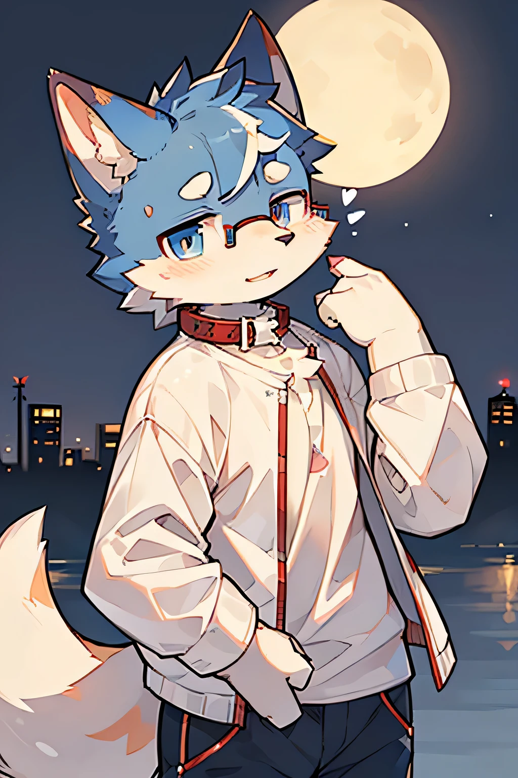 Exquisite lines，best quality。male，Not too majestic， 12 years old,White fur, Wearing a collar and glasses,Wear casual clothes and pants，Beautiful night city background,head tilted to one side，Dog furry character,Blue pupils，Clever，cute，blush，shy，Love