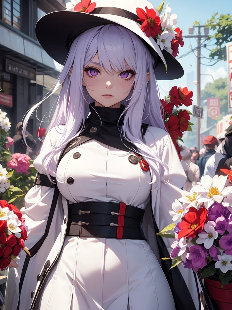 One from Free Fire with white clothes, purple eyes, bright white hair, a very red mouth, a well-made nose, with brim accessories, a fringe, behind her, there are lots of black and white flowers.