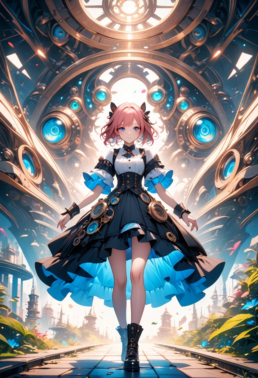 1girl, fullbody,pink hair, heterchromia, dress, Exotic, Mysterious, Original, Magical, Avant-garde, Steampunk, asymmetry, ultra detailed background,, illustration, vibrant colors, intricate details, 8k wallpaper, (Depth of field, cinematic angle, cinematic lighting:1.2), (masterpiece:1.2), (best quality:1.2), (very aesthetic:1.2), (absurdres:1.2), newest, intricate, ai-generated.