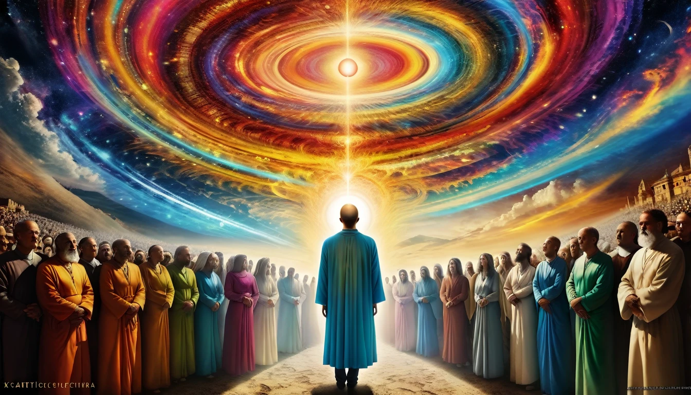 The art should be digital and contain surreal elements. In the center of the image, place a person surrounded by a crowd who conveys feelings of déjà vu,person who sees past times,past lives sensation in soul  xilogravura style,coloured bright images,spiritual feeling looking to spiritual universe