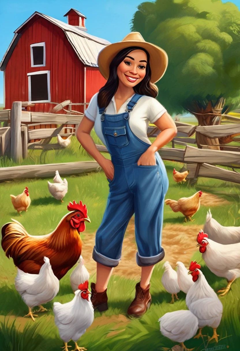 8k, Disney Pixar, a woman in overalls in front of a farm with chickens, caricature, caricature style, in cartoon style, wearing farm clothes, caricature!!!, cartoon portraite, caricature illustration, farmer, caricature, detailed portraite , on a farm, portraite, by Arturo Rivera, !!full-length portraite!!, full-length portraite, detailed full-length portraite, environmental portraite