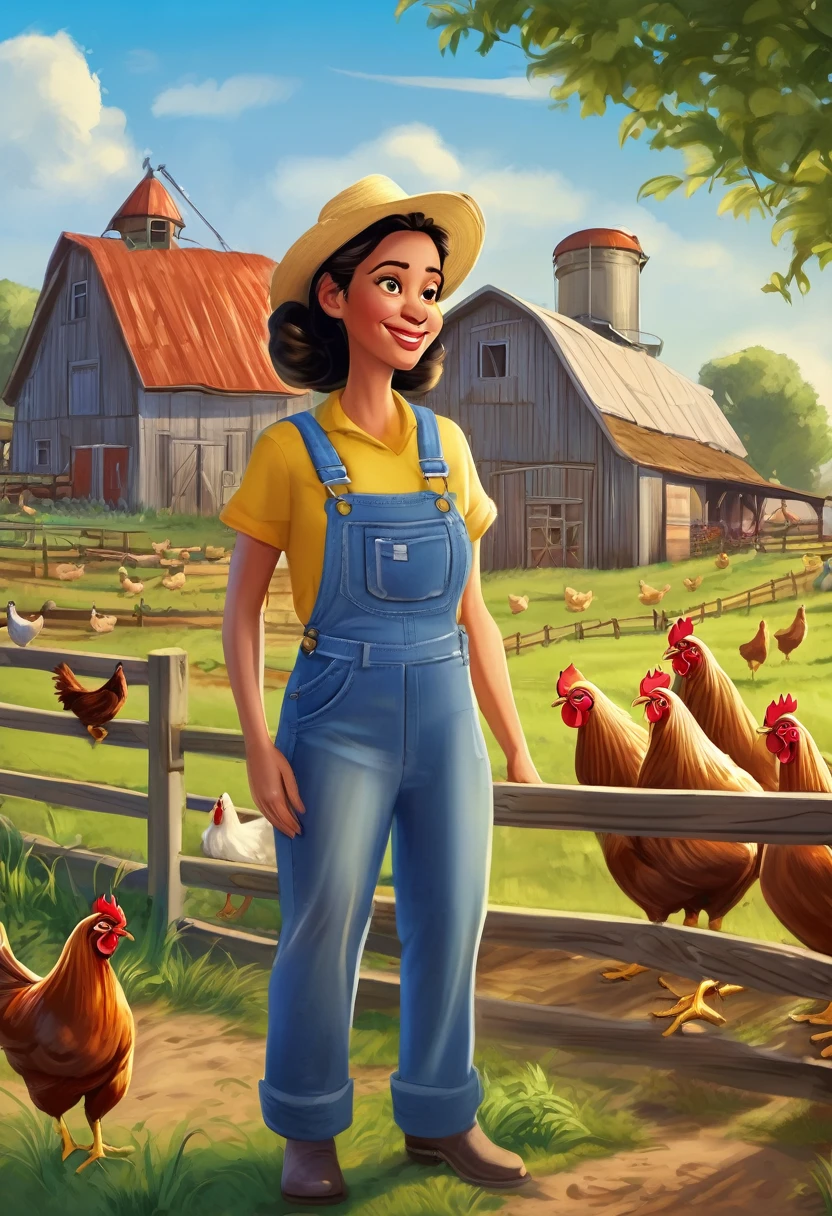 8k, Disney Pixar, a woman in overalls in front of a farm with chickens, caricature, caricature style, in cartoon style, wearing farm clothes, caricature!!!, cartoon portraite, caricature illustration, farmer, caricature, detailed portraite , on a farm, portraite, by Arturo Rivera, !!full-length portraite!!, full-length portraite, detailed full-length portraite, environmental portraite