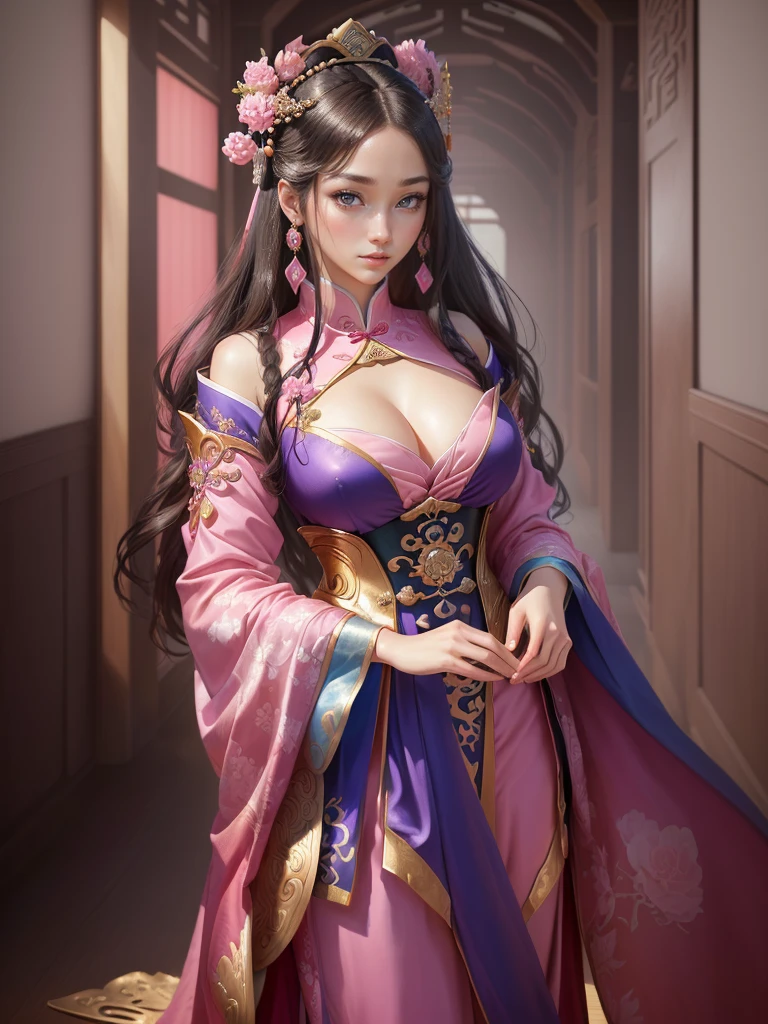 Painting of a woman in a pink and blue dress, Beautiful Fantasy Empress, ancient Chinese Princess, Beautiful character drawings, Chinese Princess, palace, Girl in Han Dress, Princess of an ancient Asian dynasty, Ancient Chinese Beauties, Inspired by Run In, Beautiful and attractive anime woman, Beautiful Fantasy Empress, Beautiful renderings of the Tang Dynasty, Beautiful oriental woman, Empress of China, Highly detailed CG unit 8k wallpaper, masterpiece, High resolution, highest quality, highest quality real texture skin, Super Real, Digital Painting, Best image quality, 最High resolution, 8k, ((Highly detailed eyes and face, Beautiful eyes every detail)), (wariza, seiza, from front), 
