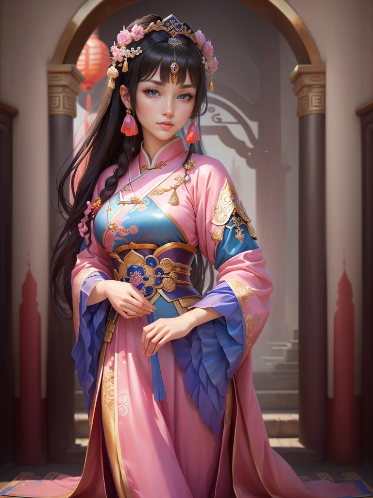 Painting of a woman in a pink and blue dress, Beautiful Fantasy Empress, ancient Chinese Princess, Beautiful character drawings, Chinese Princess, palace, Girl in Han Dress, Princess of an ancient Asian dynasty, Ancient Chinese Beauties, Inspired by Run In, Beautiful and attractive anime woman, Beautiful Fantasy Empress, Beautiful renderings of the Tang Dynasty, Beautiful oriental woman, Empress of China, Highly detailed CG unit 8k wallpaper, masterpiece, High resolution, highest quality, highest quality real texture skin, Super Real, Digital Painting, Best image quality, 最High resolution, 8k, ((Highly detailed eyes and face, Beautiful eyes every detail)), (wariza, seiza, from front),