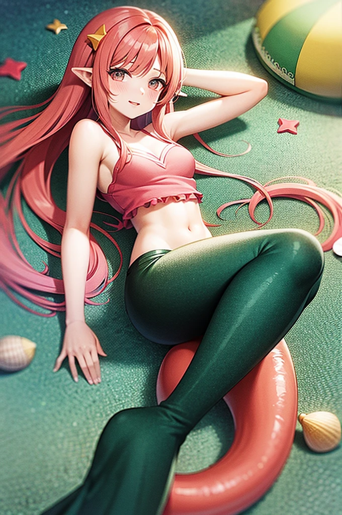 mermaid with pink tail, caramel hair, long hair, brown eyes, wears a pink top decorated with seashells, wears pearls on waist, wears a pink headband with seashells and starfish on it