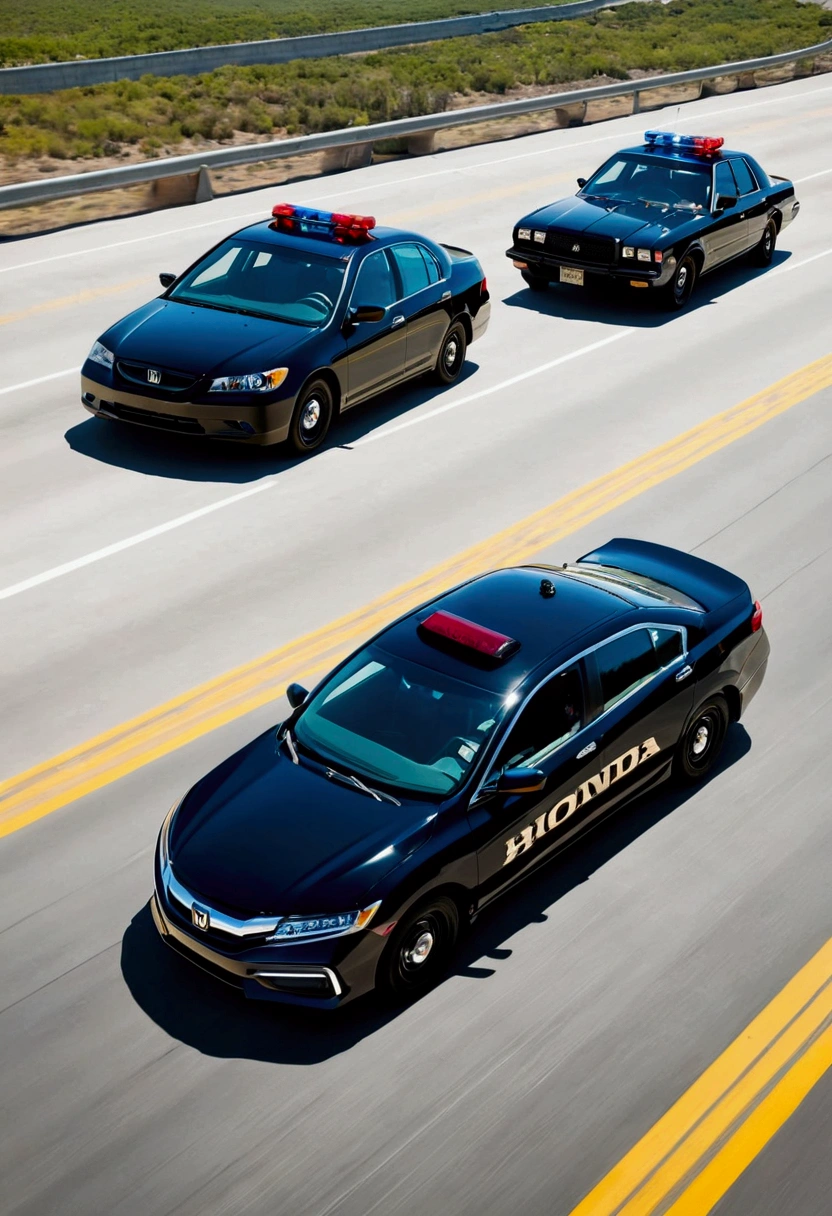 2 cop cars chasing one black honda civilian car (cars going in same direction, highway). honda
