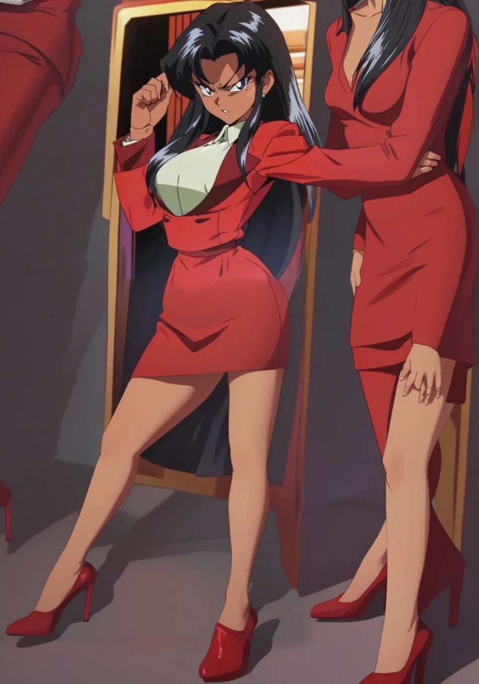 90s anime Evil black skinned business woman in a red suit and red skirt and red heels and long red sleeves