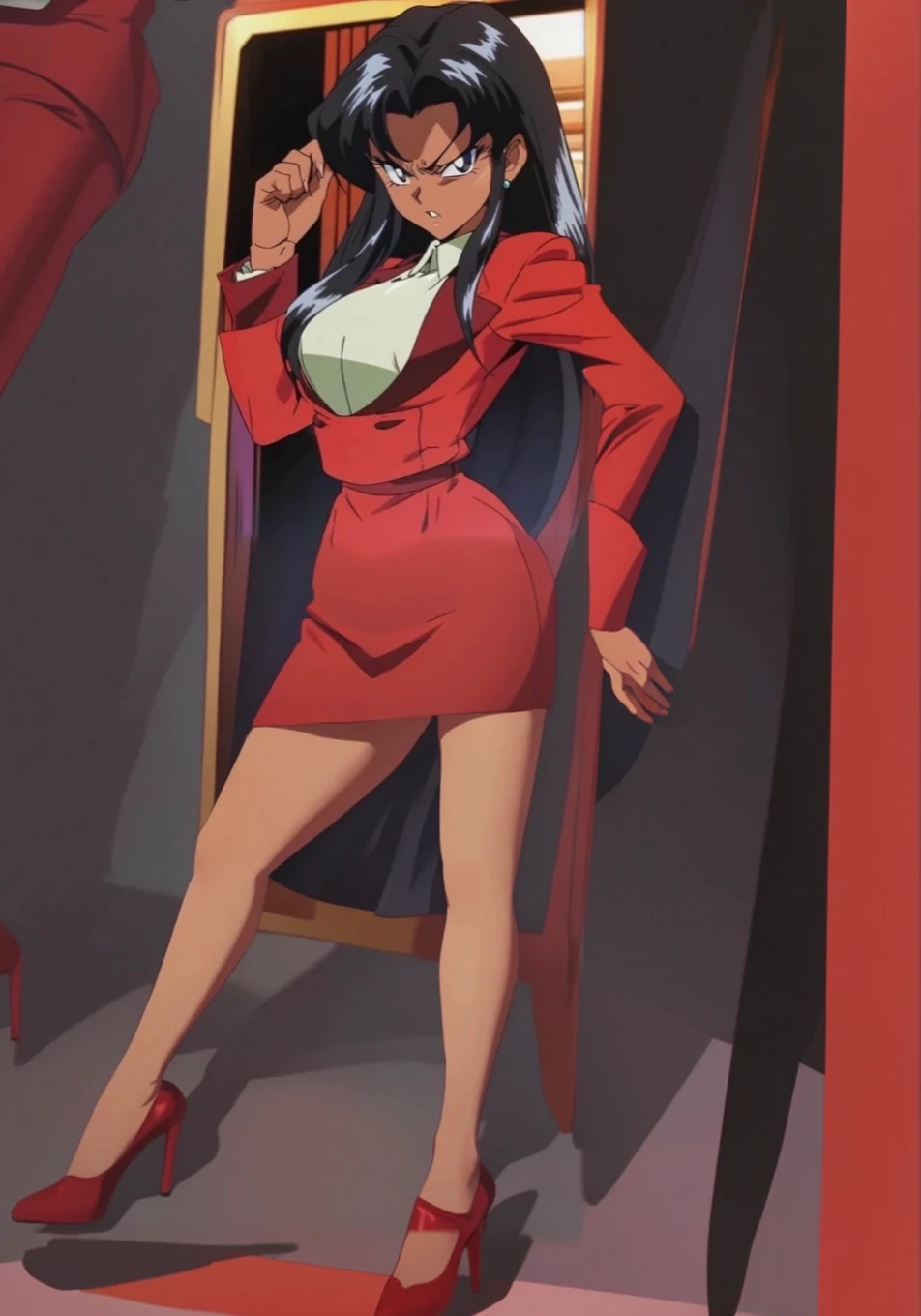 90s anime Evil black skinned business woman in a red suit and red skirt and red heels and long red sleeves