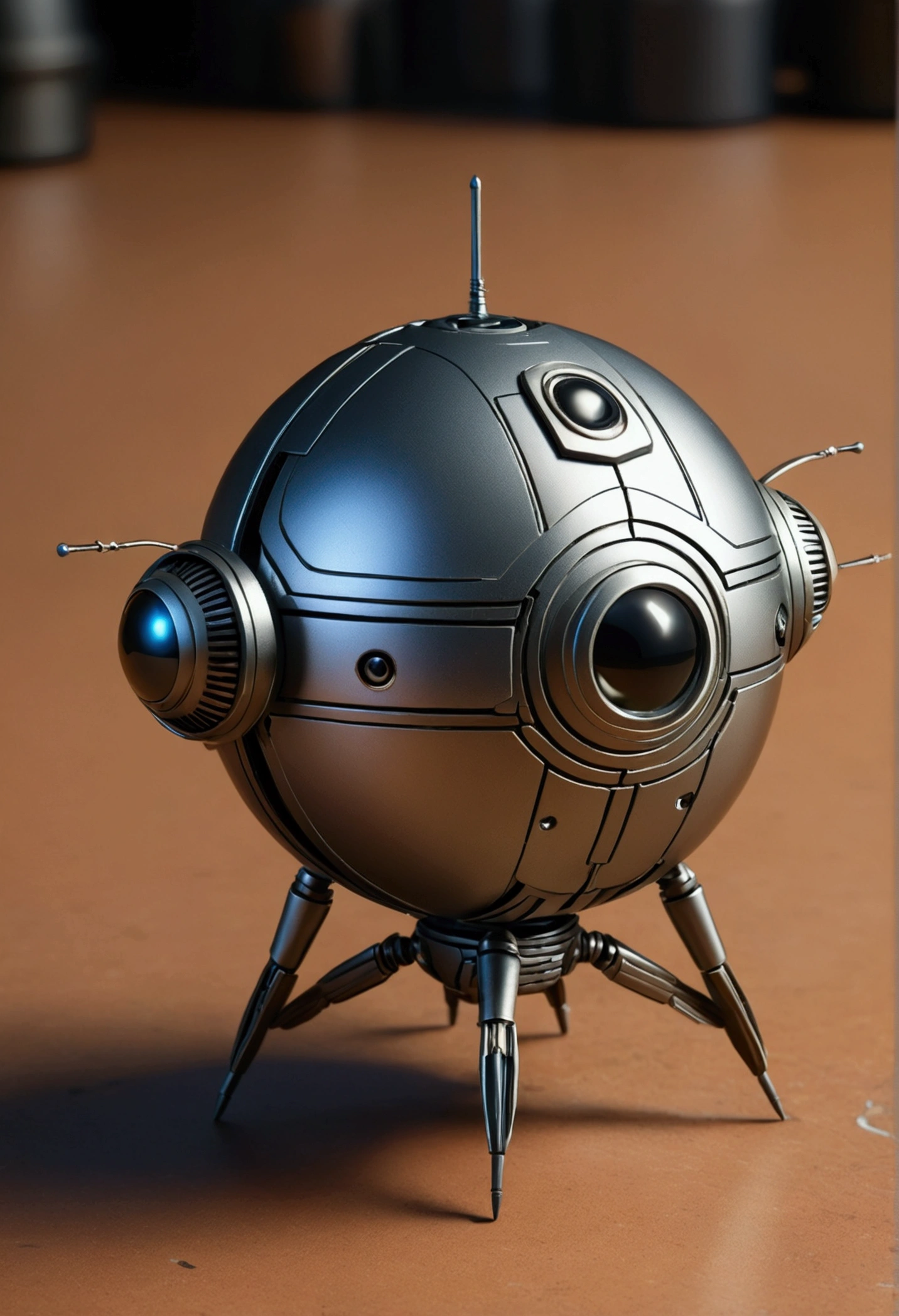 Create a small spherical droid with metallic wings classified as a spy, responsible for sharing and mapping the places he goes