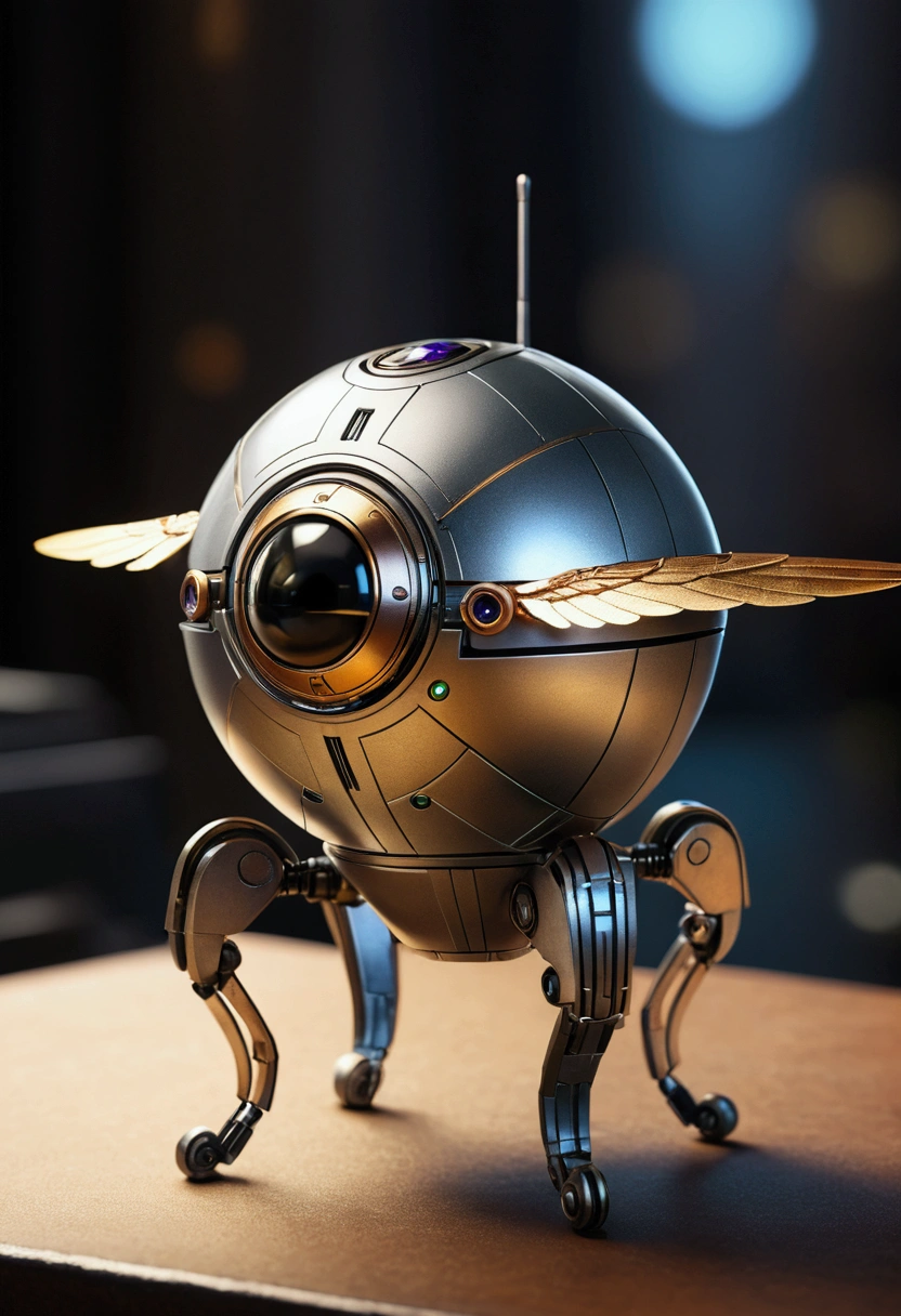 Create a small spherical droid with metallic wings classified as a spy, responsible for sharing and mapping the places he goes